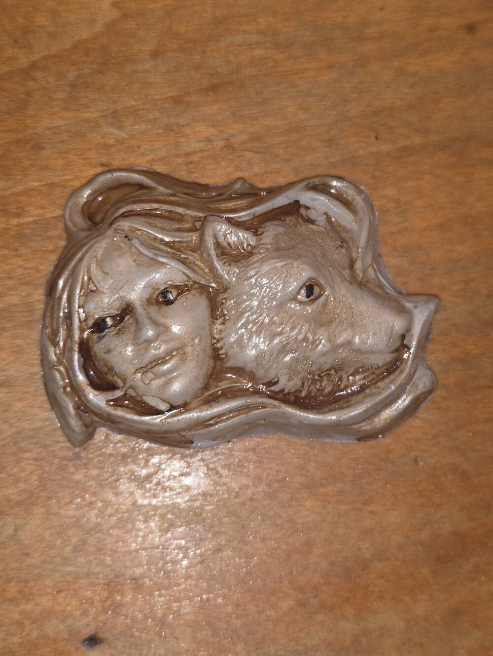 Handpainted Native American With Wolf Resin Distressed Brooch